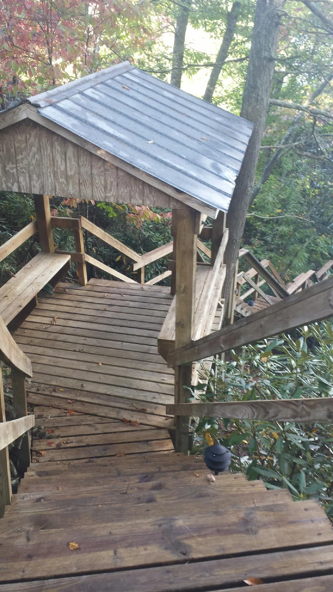 Metal roofed shelter over wooden steps on a wooded walkway — Skylight Repair & Installation work by our crew in Crookston